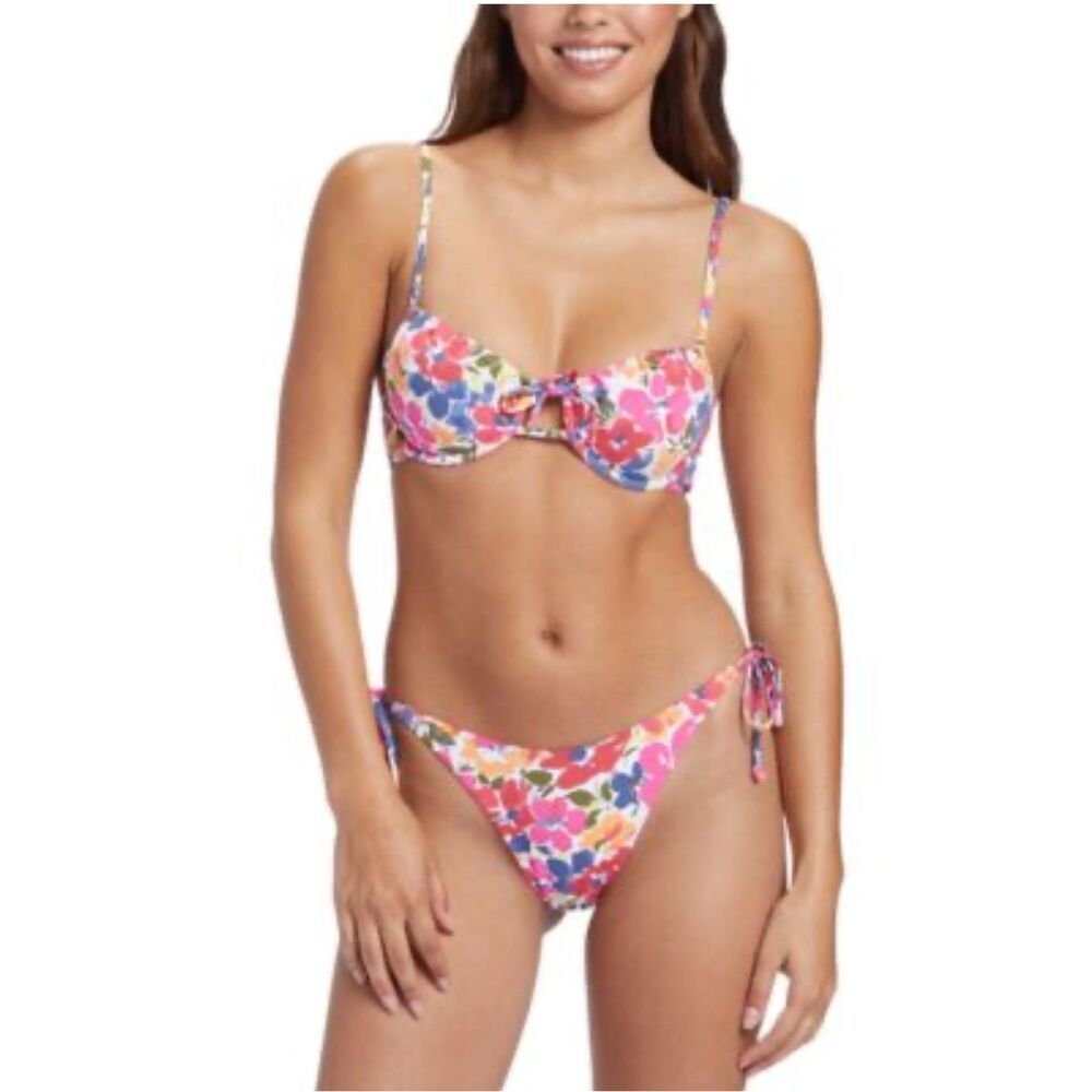 NWT ROXY Pink Floral Scoop Bikini Top & Cheeky Bottoms Swimsuit Sz L